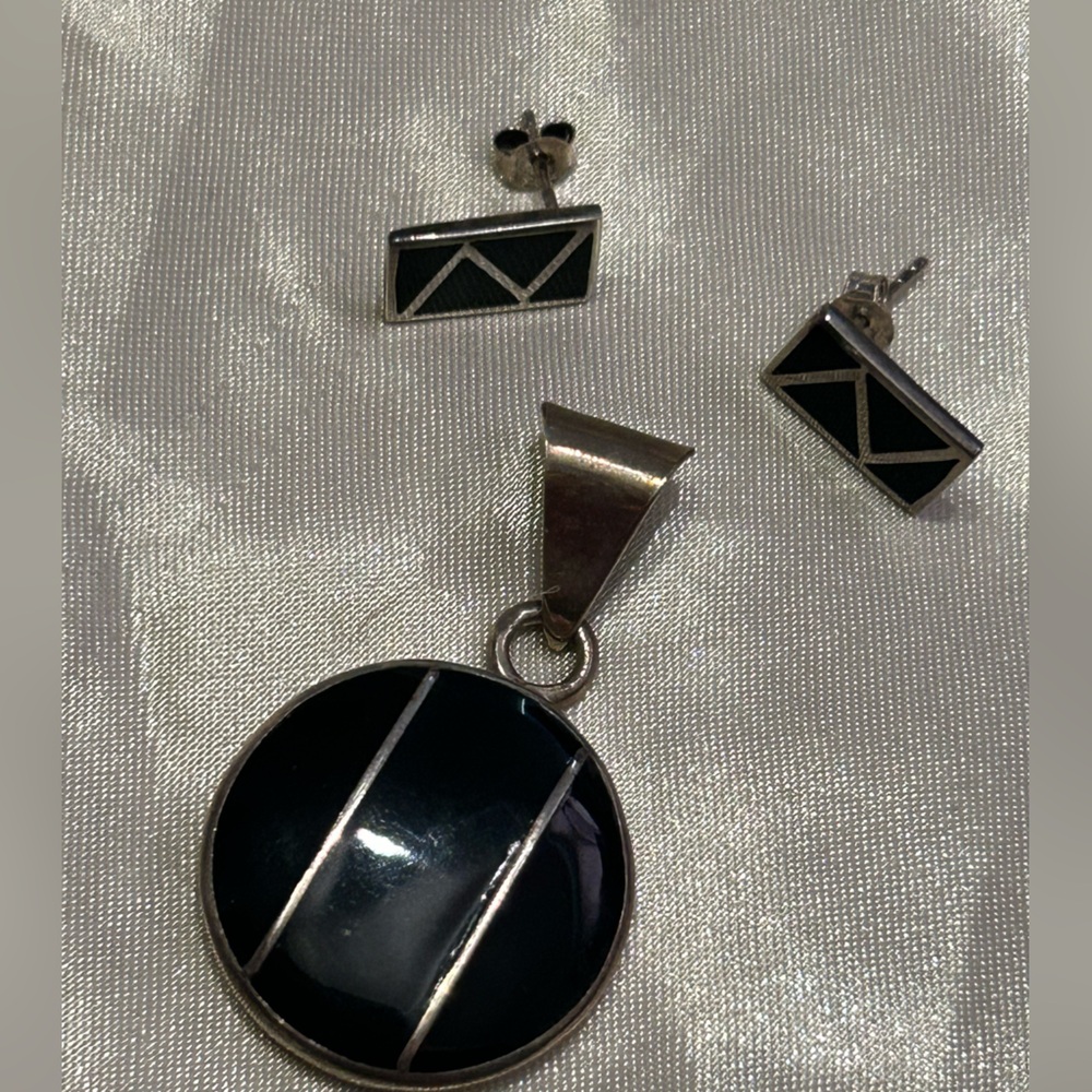 Black and sterling Silver vintage Geometric Pendant and Earring Set